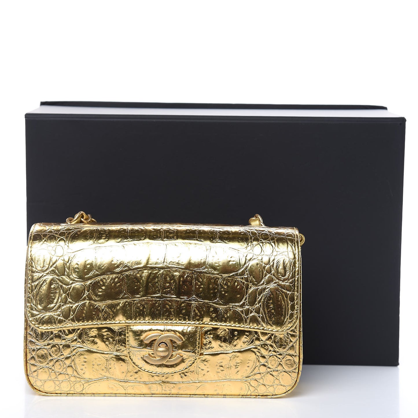 Metallic Calfskin Crocodile Embossed Cocodile Rectangular Mini Flap Gold