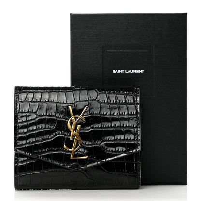 Saint Laurent Shiny Calfskin Crocodile Embossed Monogram Uptown Compact Wallet Black 7 of 7