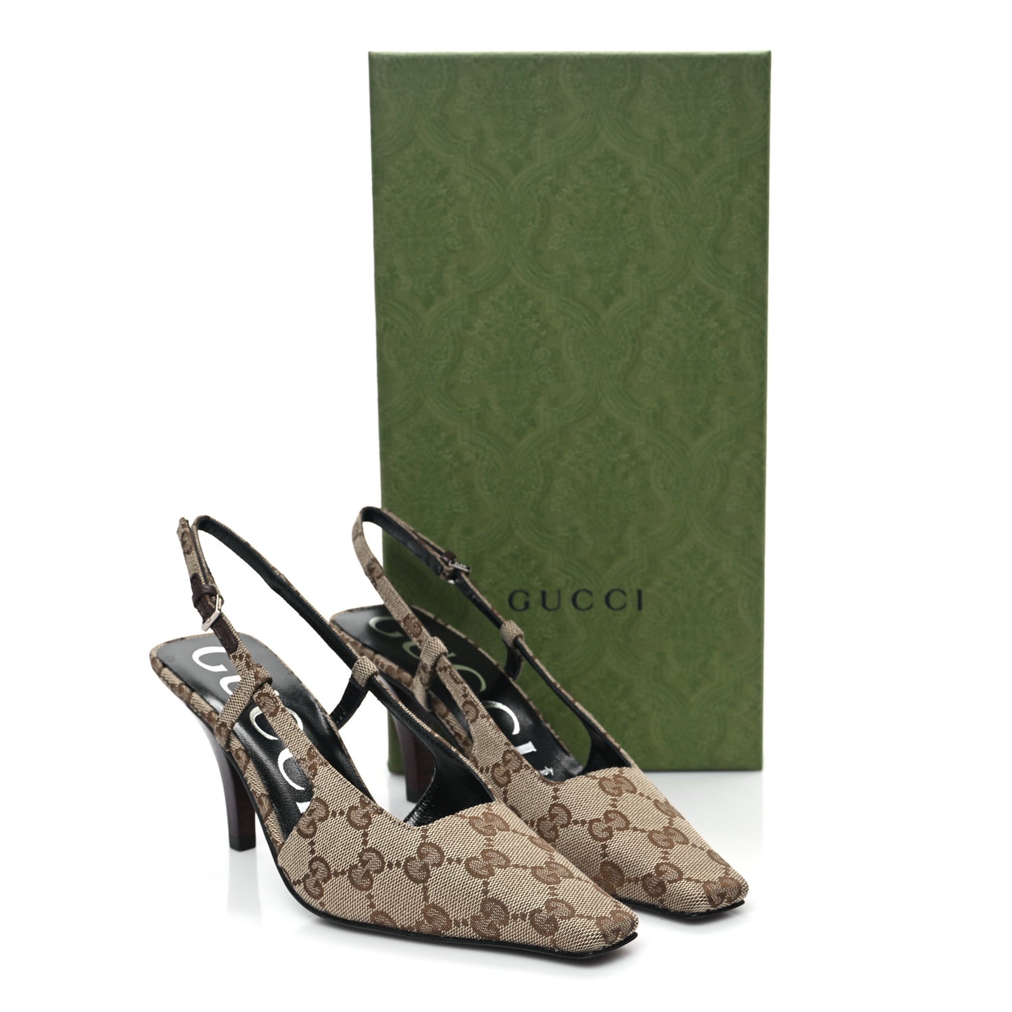 Monogram Malga Kid Square G 75mm Slingback Pumps 35 Beige Ebony New Acero