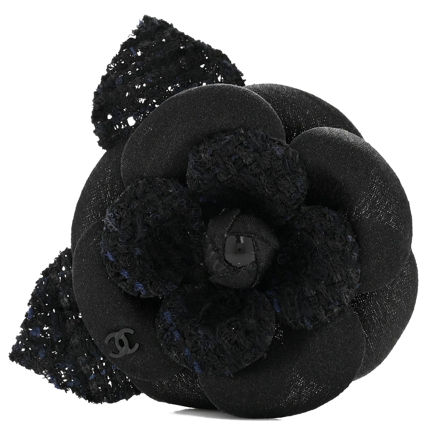 Tweed Fabric Camellia Pin Brooch Navy Blue Black