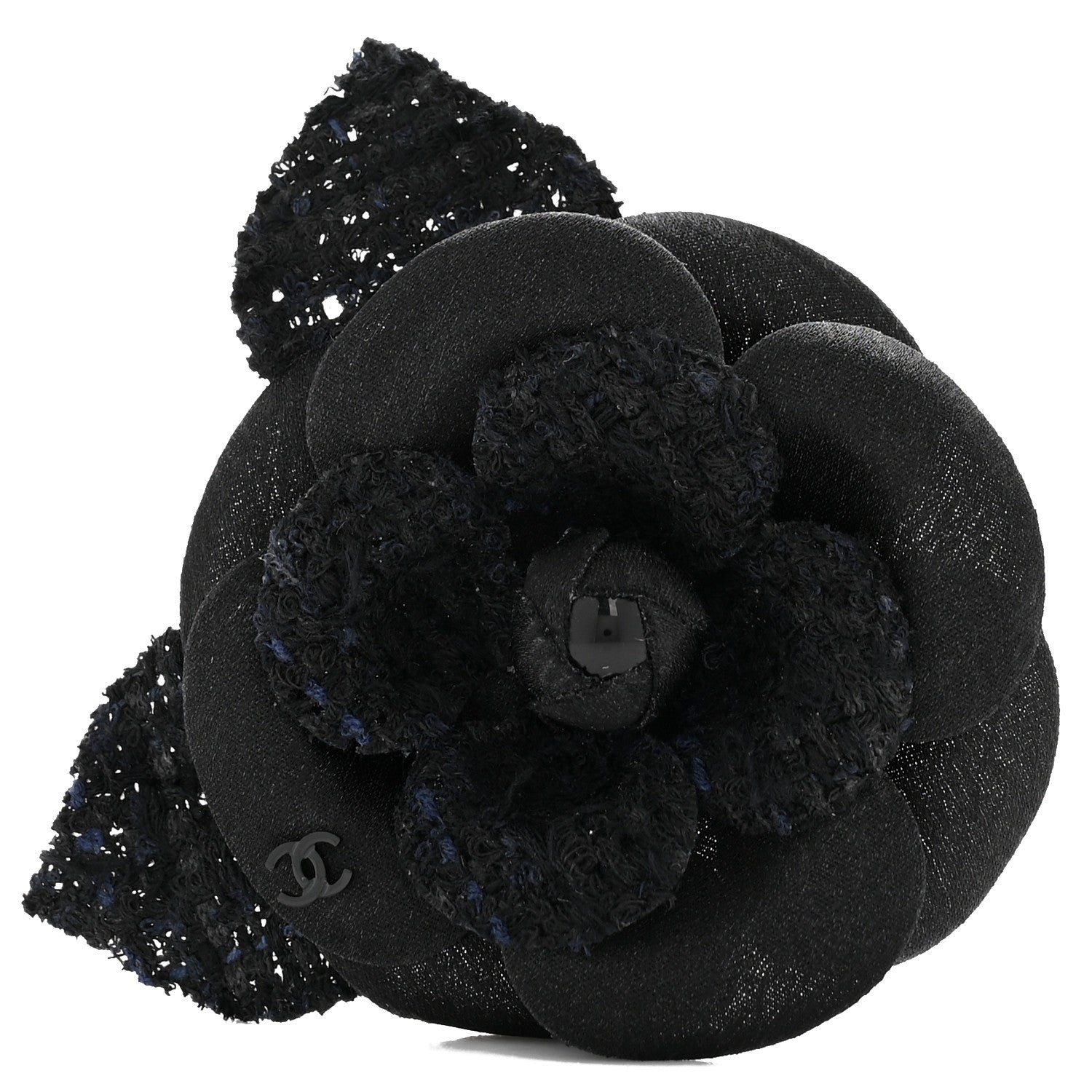 Chanel Tweed Fabric Camellia Pin Brooch Navy Blue Black 1 of 3