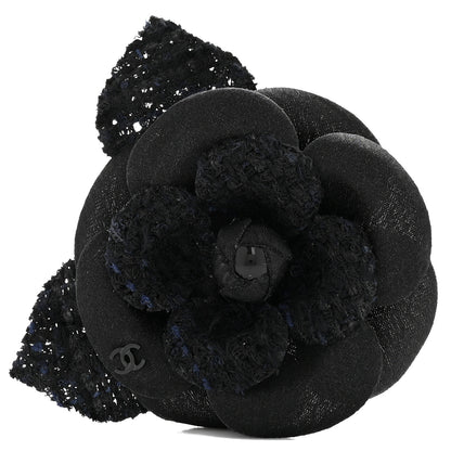 Chanel Tweed Fabric Camellia Pin Brooch Navy Blue Black 1 of 3