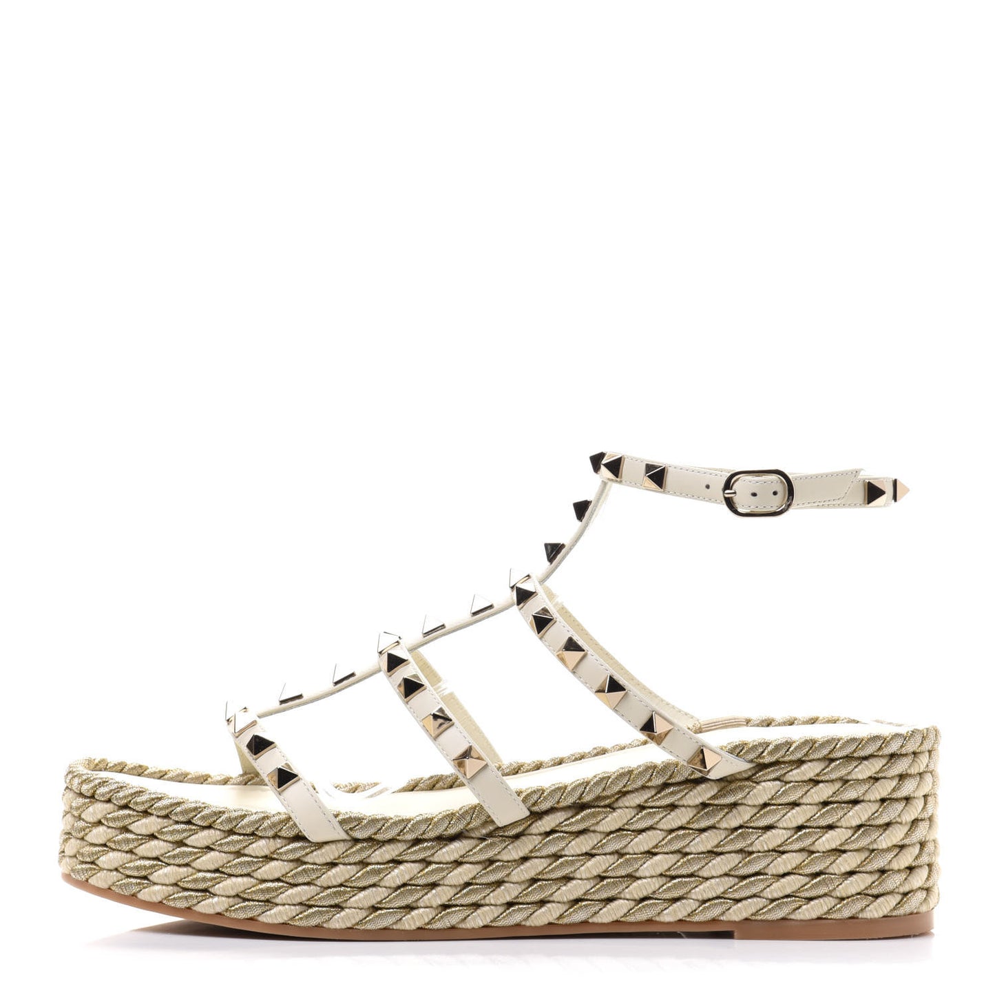 Calfskin Rockstud Ankle Strap Torchon Espadrille Caged 30/55mm Sandals 41 Light Ivory