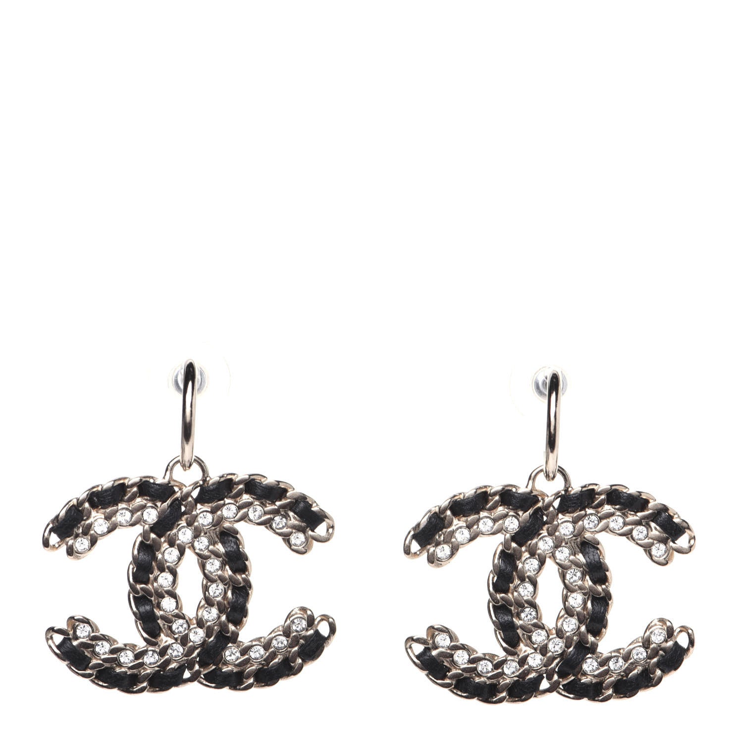 Chanel Crystal Lambskin Chain CC Vintage Allure Stud Earrings Black Gold 1 of 7