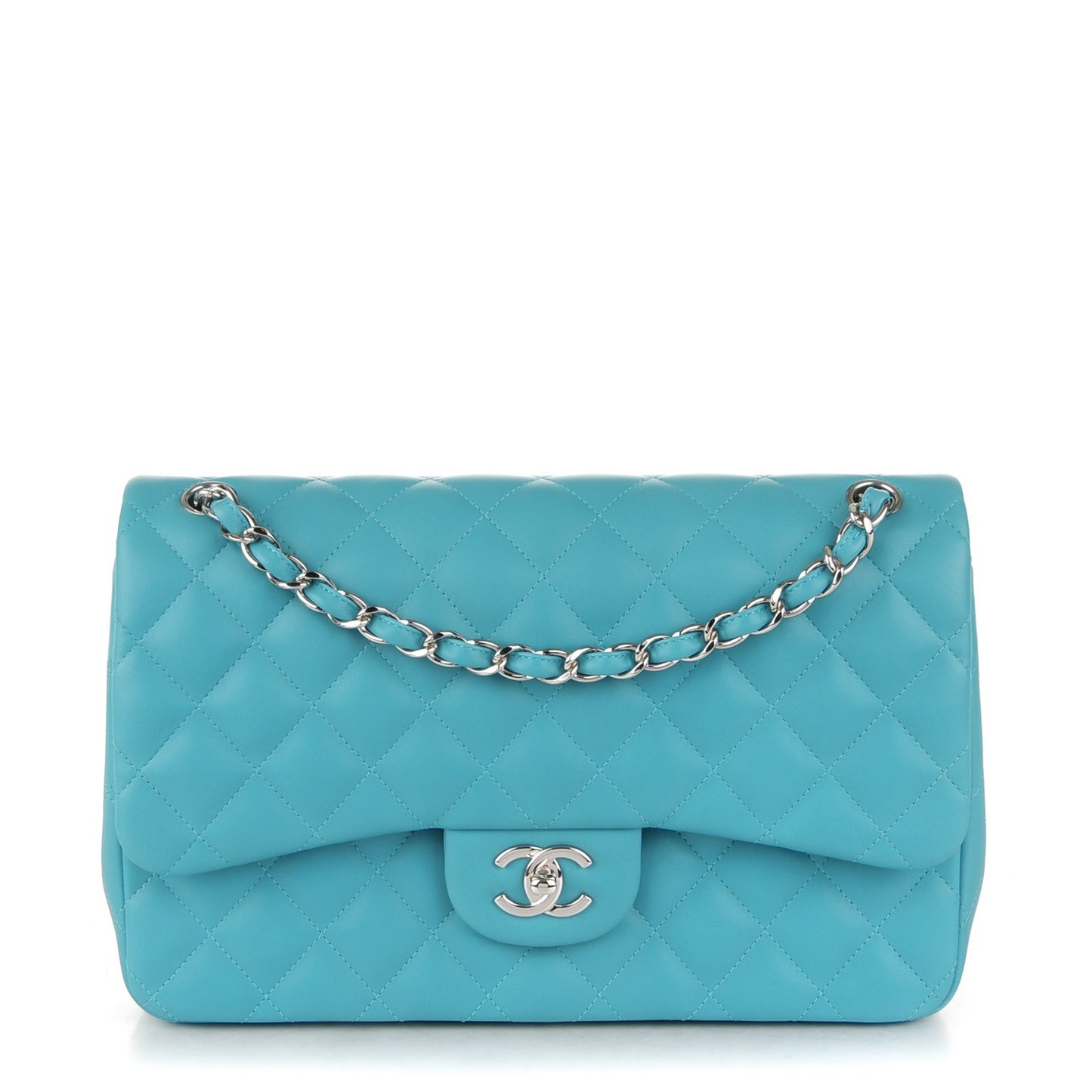 Lambskin Quilted Jumbo Double Flap Turquoise