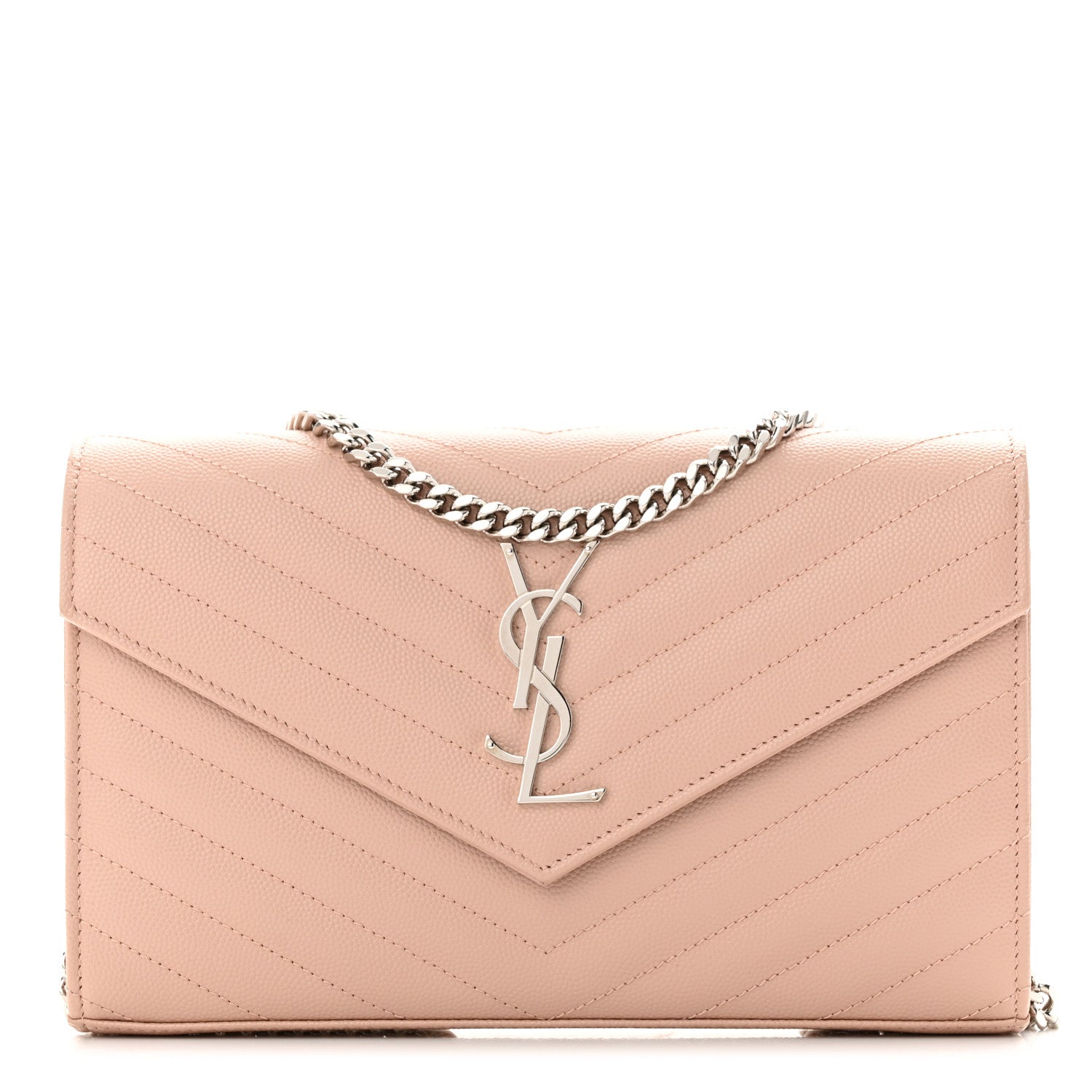 Saint Laurent Grain De Poudre Matelasse Chevron Monogram Chain Wallet Pale Pink 1 of 10