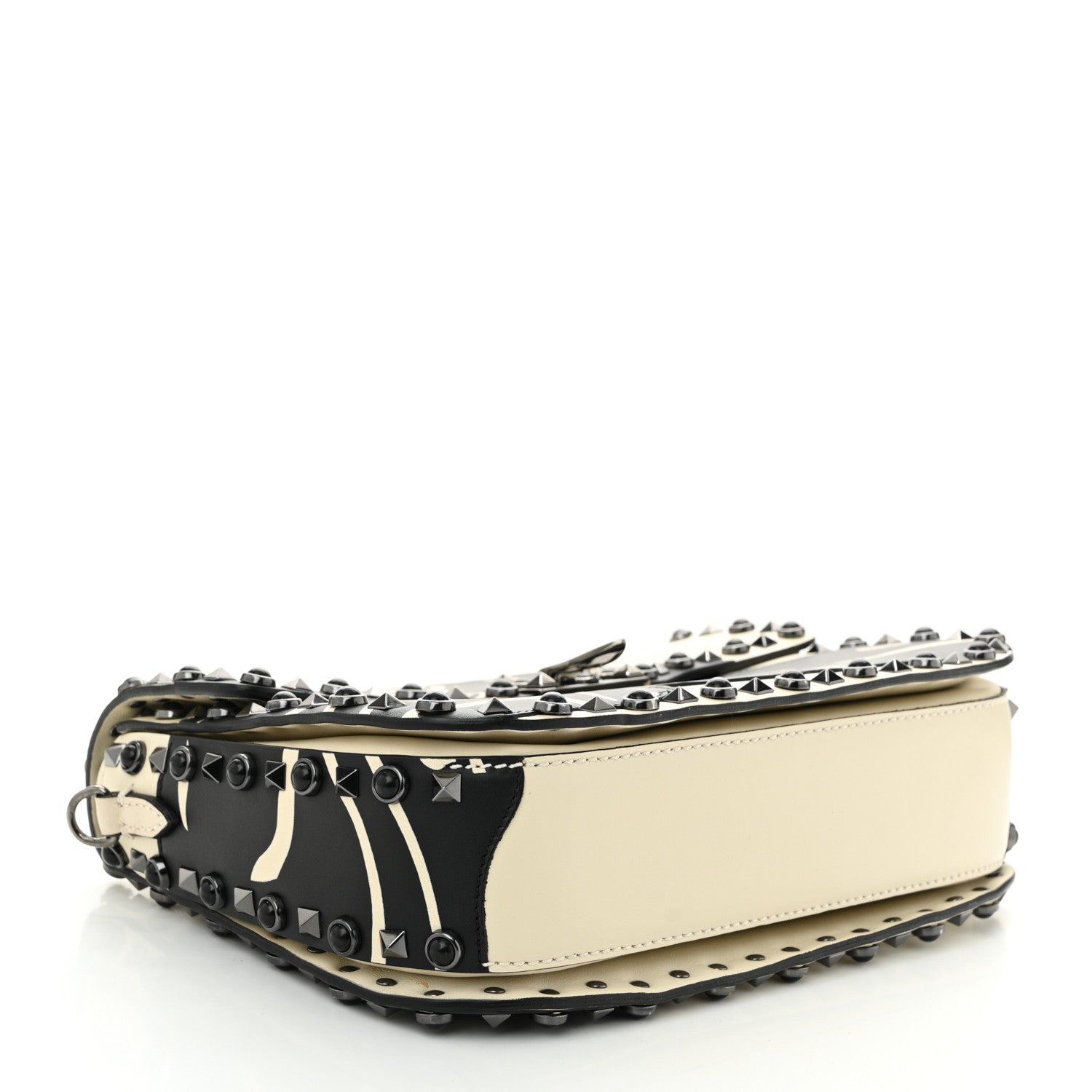 Valentino Garavani Calfskin Panther Medium Guitar Strap Rockstud Rolling Flap Saddle Bag Light Ivory Black 4 of 10