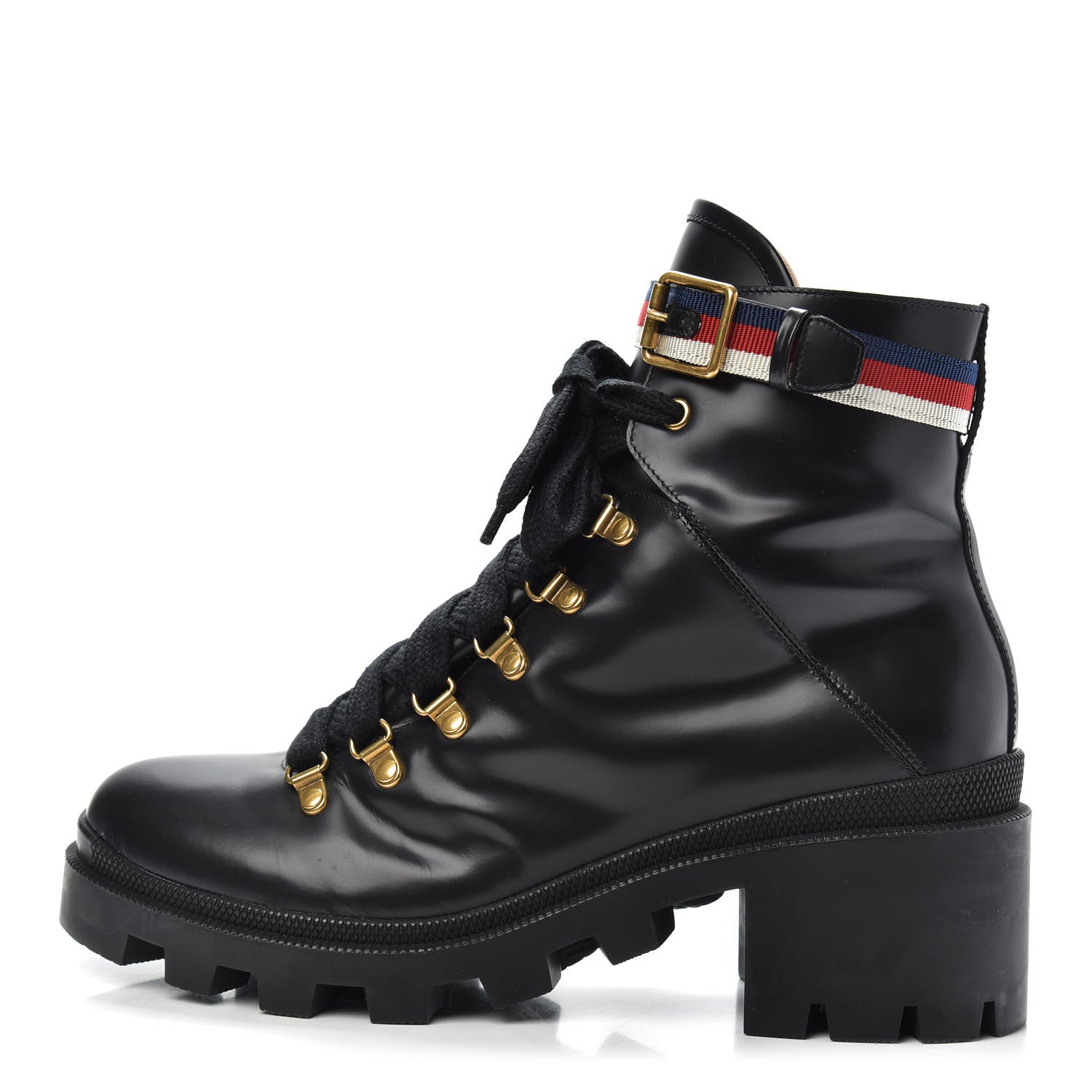 Gucci Calfskin Womens Sylvie Web Lace Up Combat Boots 41 Black 1 of 8
