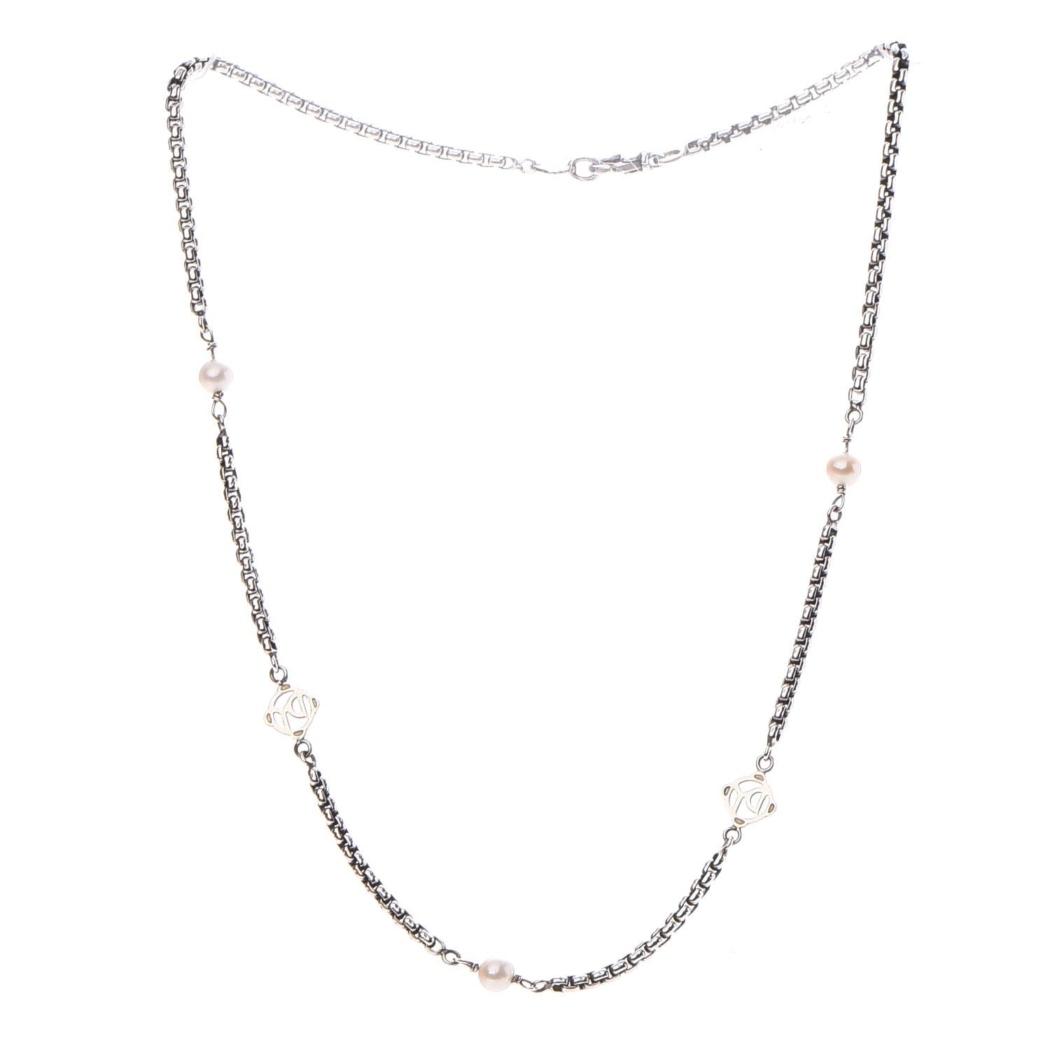 David Yurman Sterling Silver 14K Yellow Gold Pearl Logo Station Necklace 16" 3 of 7