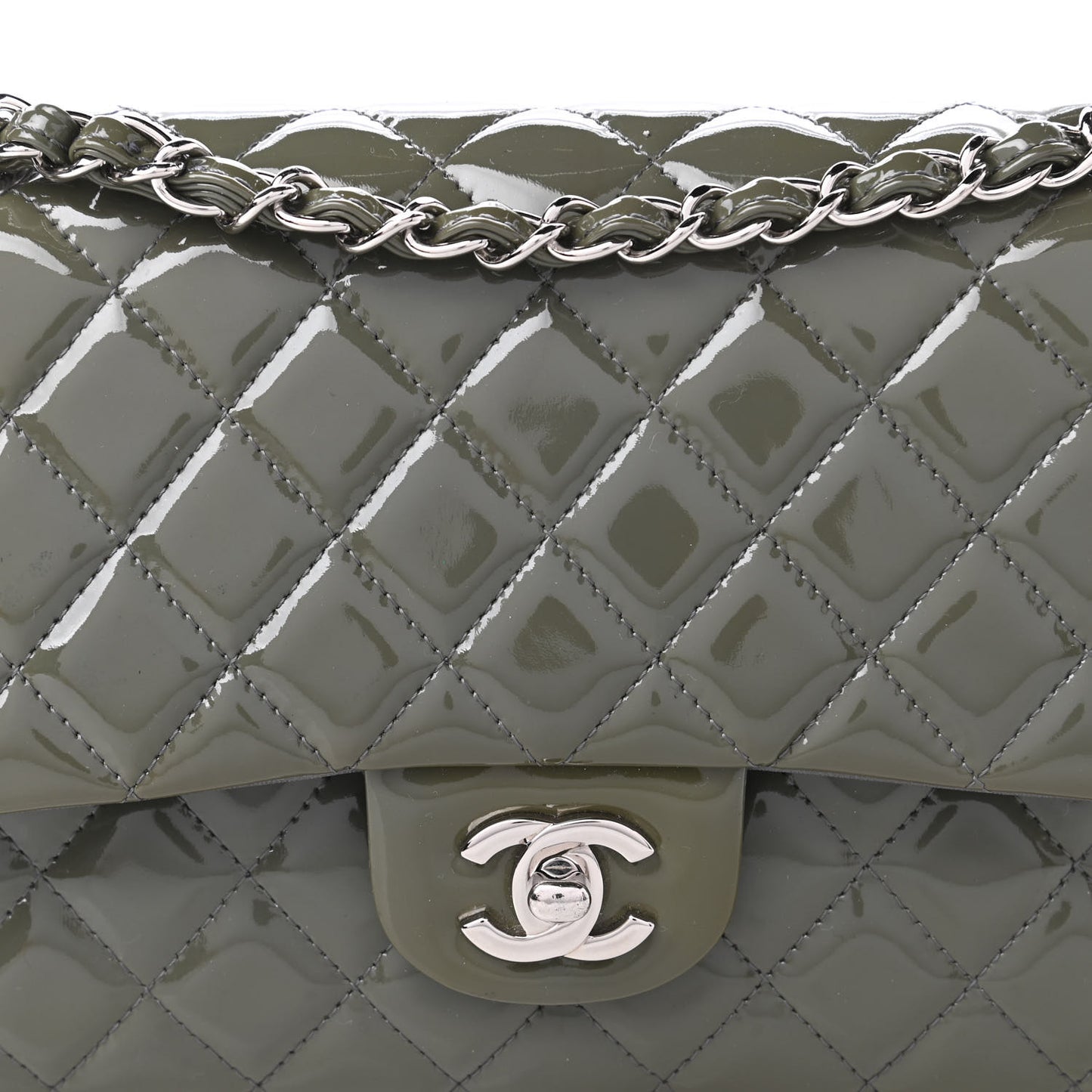 Patent Calfskin Quilted Medium Double Flap Grey