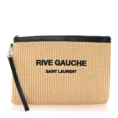 Saint Laurent Raffia Calfskin Rive Gauche Zipped Pouch Naturale Black 1 of 7