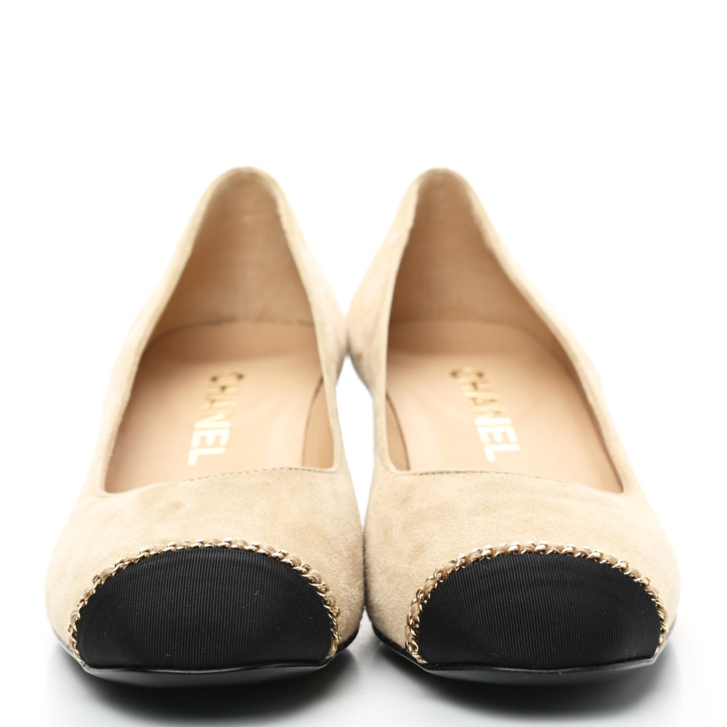 Suede Calfskin Grosgrain Cap Toe Chain Ballerina Flats 37 Beige Black