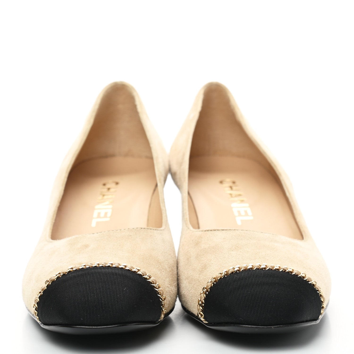 Chanel Suede Calfskin Grosgrain Cap Toe Chain Ballerina Flats 37 Beige Black 2 of 8