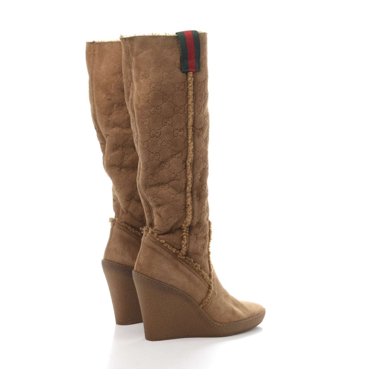 Suede Shearling Fur Microguccissima Courtney Tall Wedge Boots 5.5 Beige