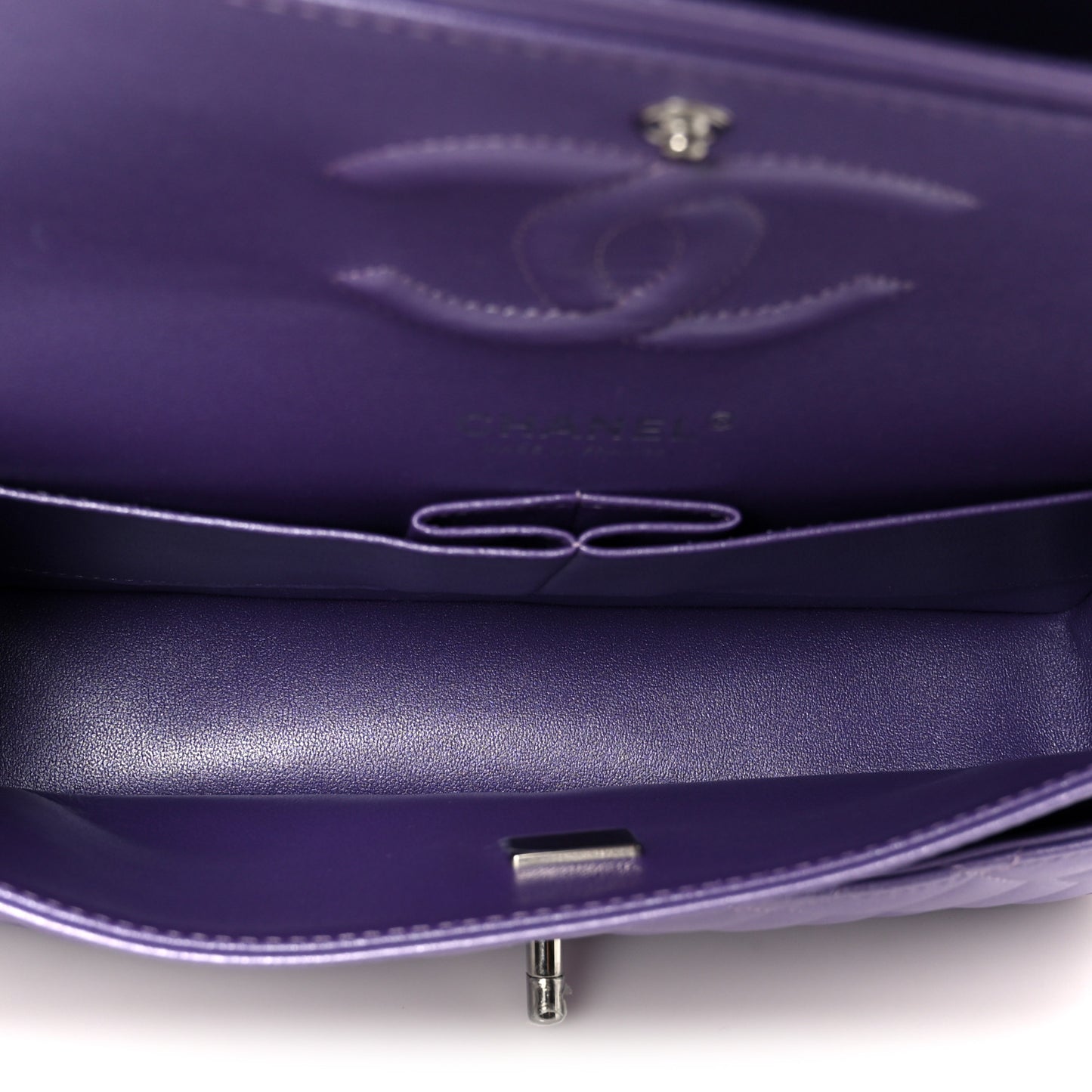 Metallic Lambskin Quilted Medium Double Flap Purple