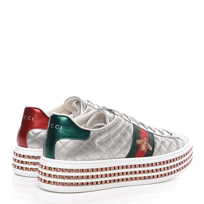 Gucci Laminated Nappa Crystal Web Bee Embroidered Trapuntata Womens Ace Platform Sneakers 37 Argento 4 of 8