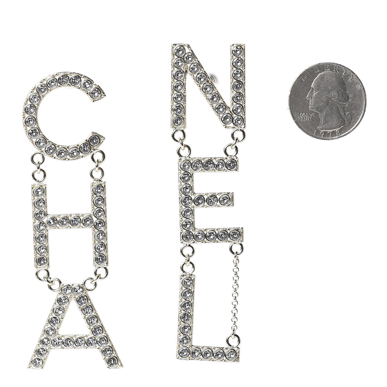 Chanel Crystal Cha-Nel Logo Drop Earrings Gold 2 of 5