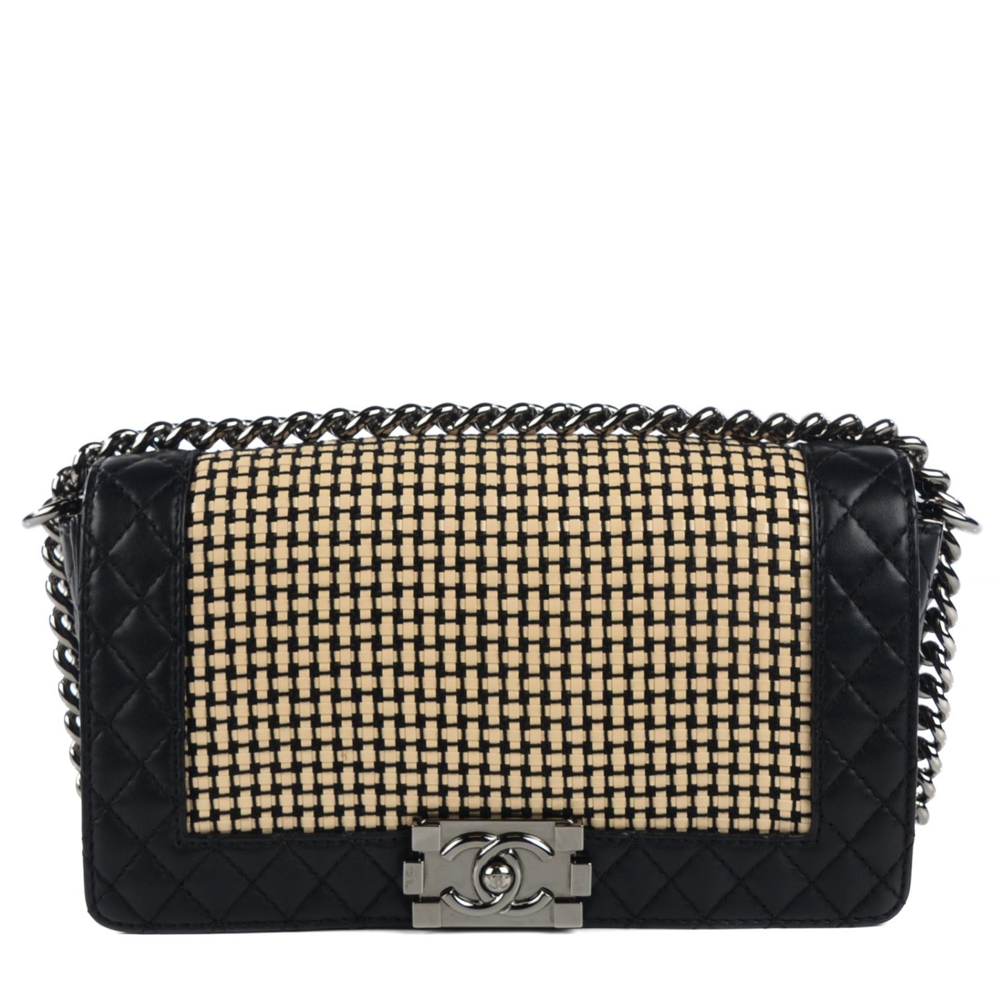 Calfskin Woven Medium Boy Reverso Flap Black