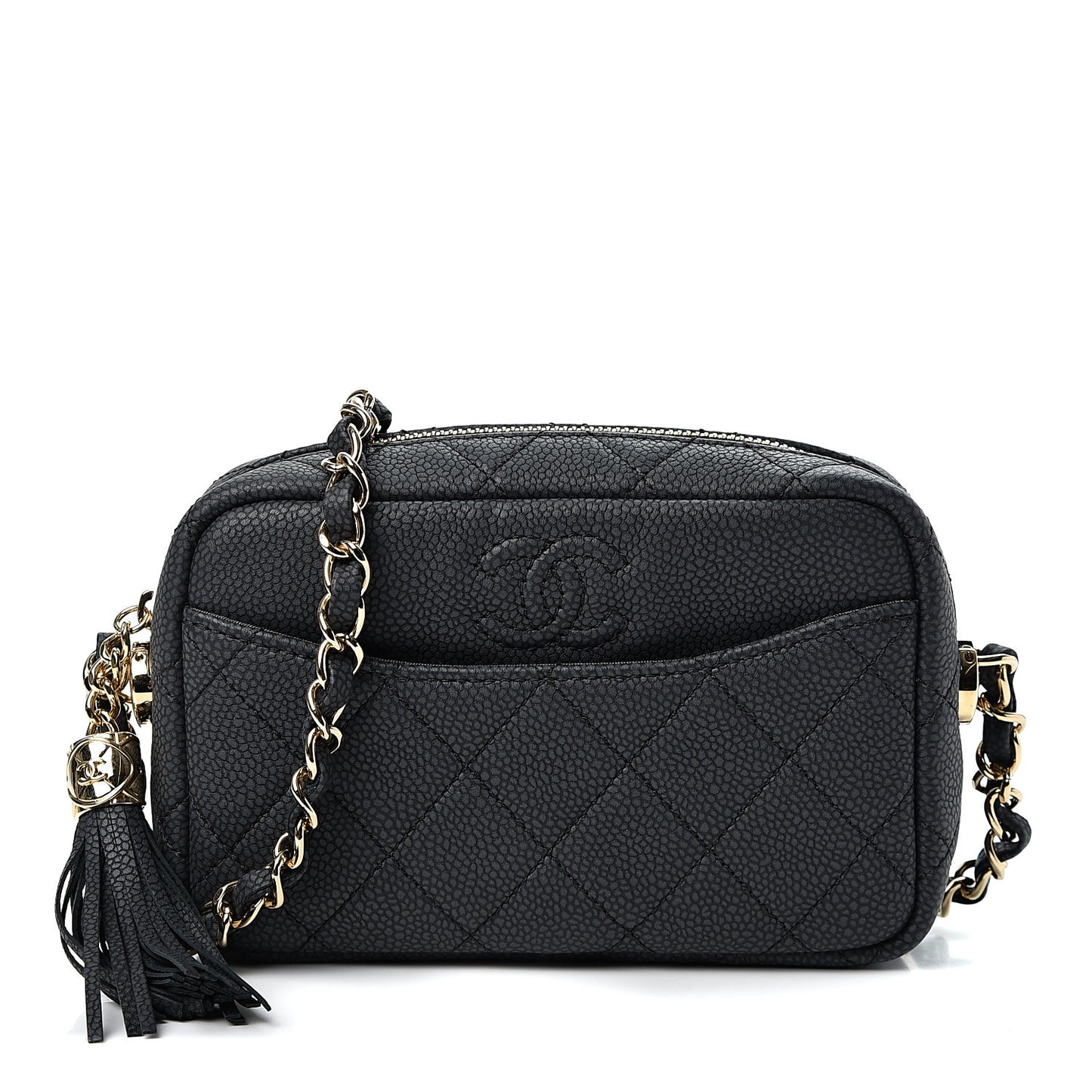Caviar Quilted Mini Coco Tassel Camera Case Black