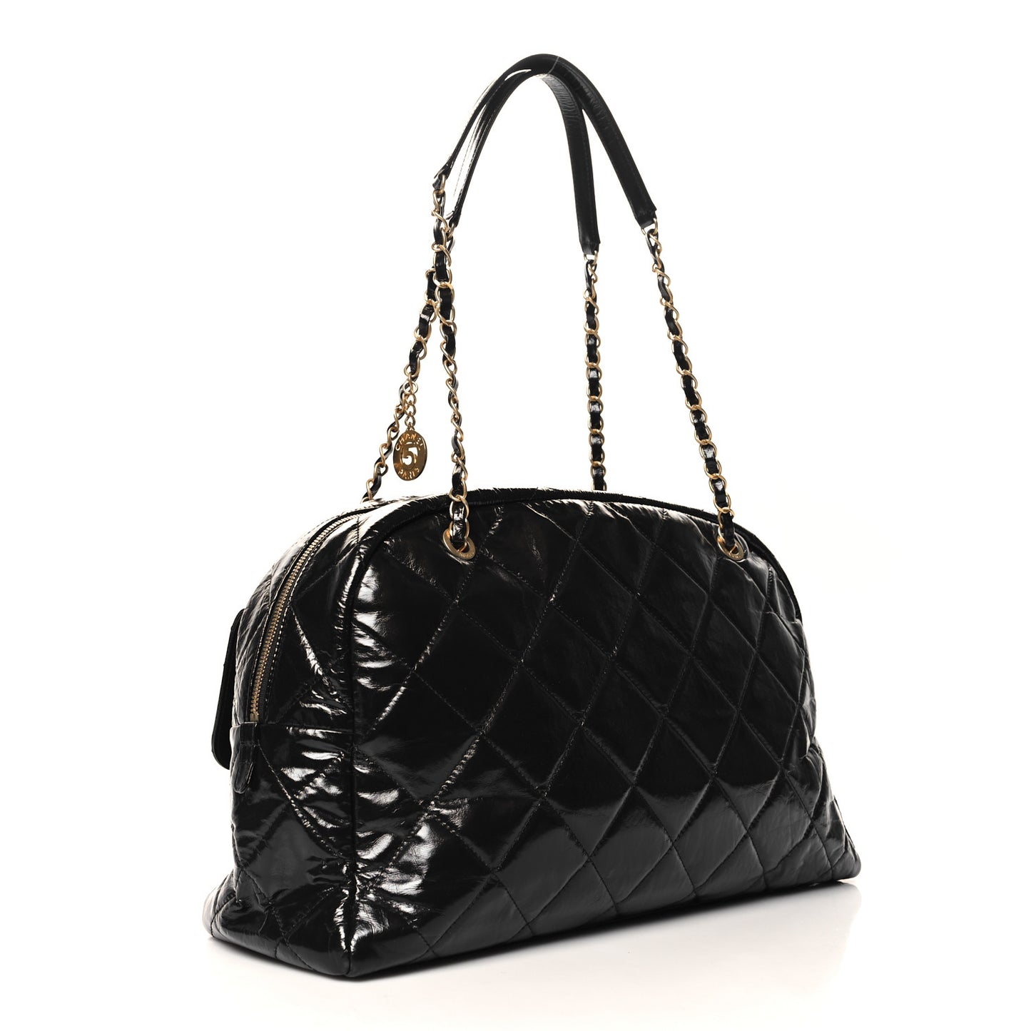 Shiny Crumpled Calfskin Quilted Maxi Bowling Bag Black