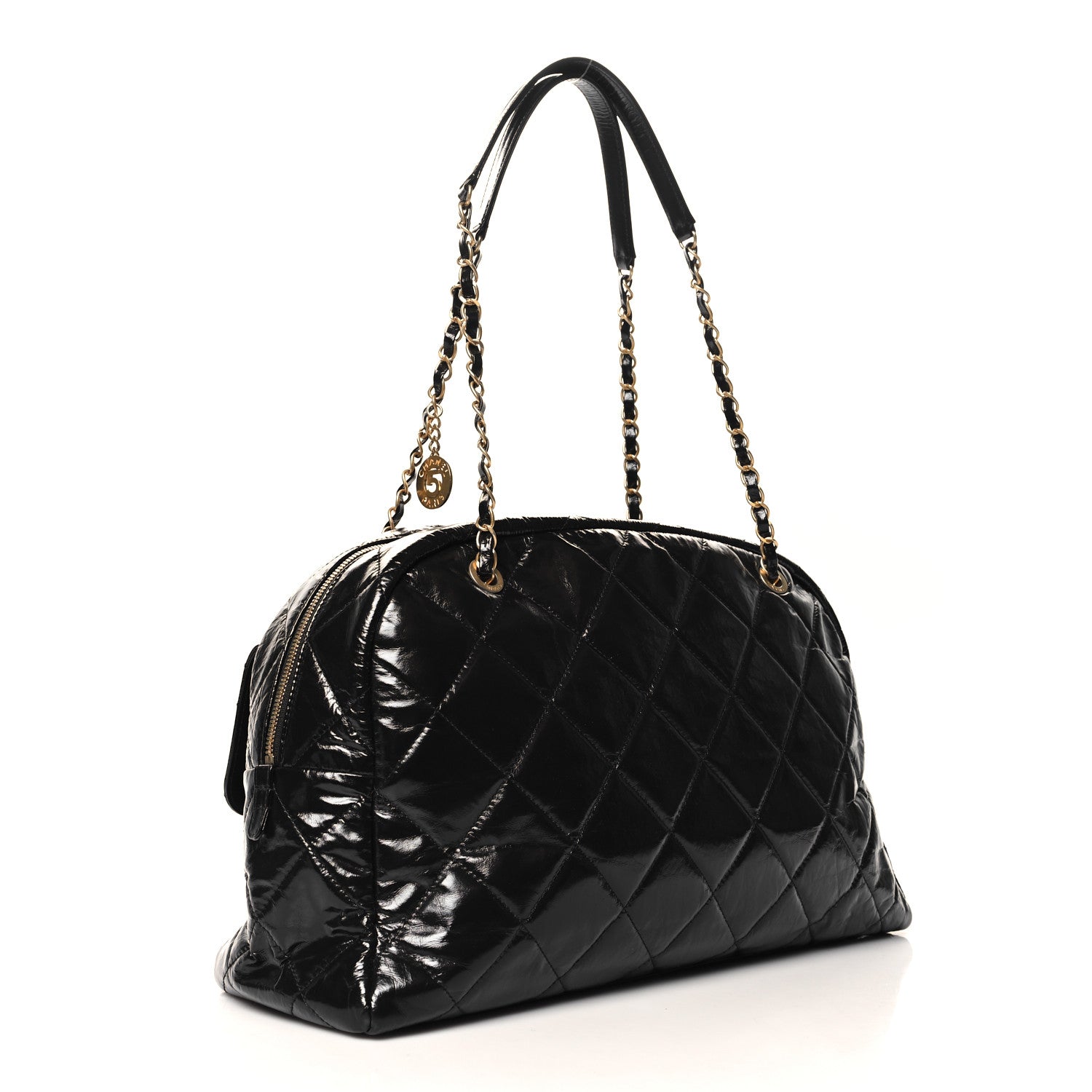 Chanel Shiny Crumpled Calfskin Quilted Maxi Bowling Bag Black 3 of 11