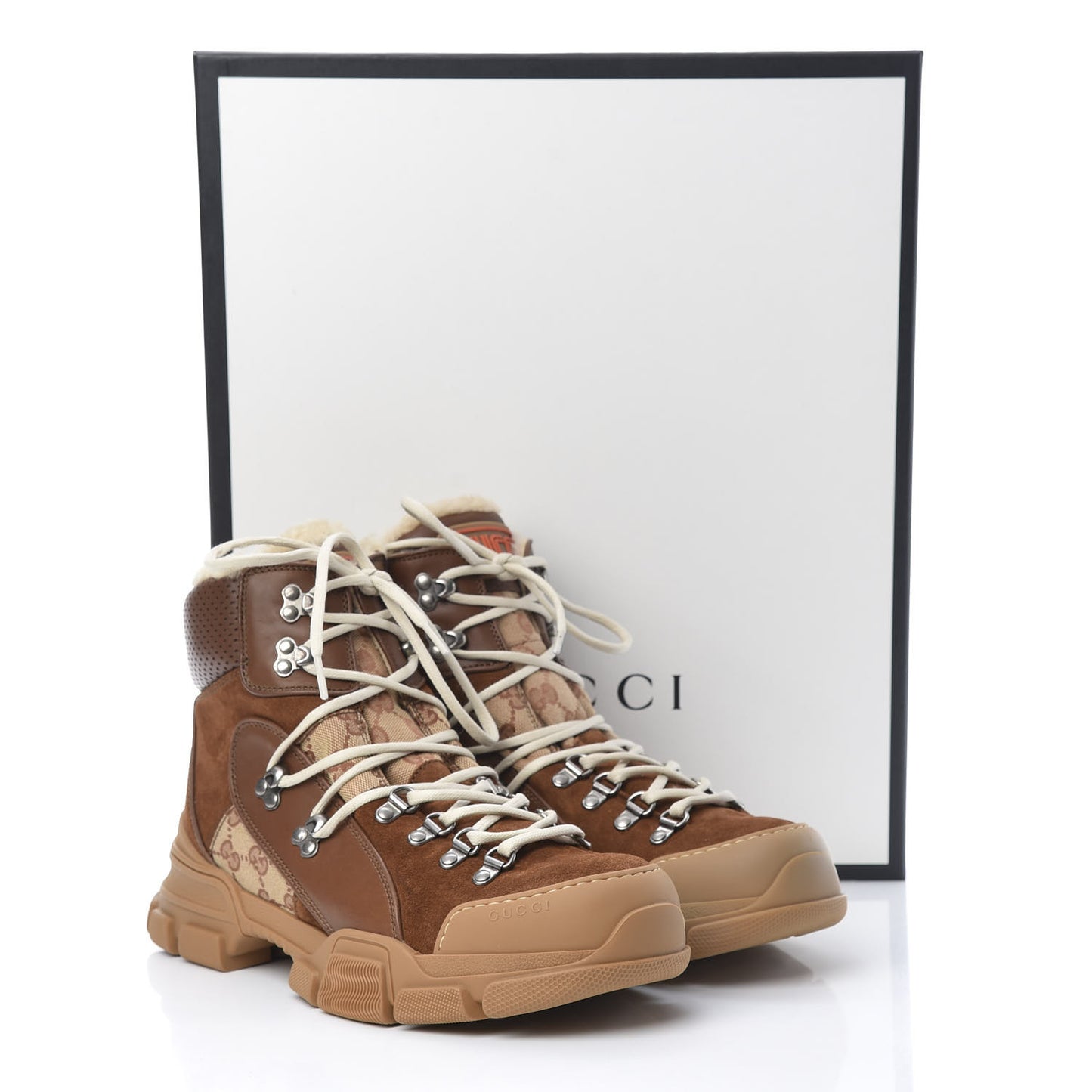 X SEGA Suede Shearling Calfskin GG Monogram Mens Flashtrek High-Top Sneakers 8 New Cuir Beige Ruggine