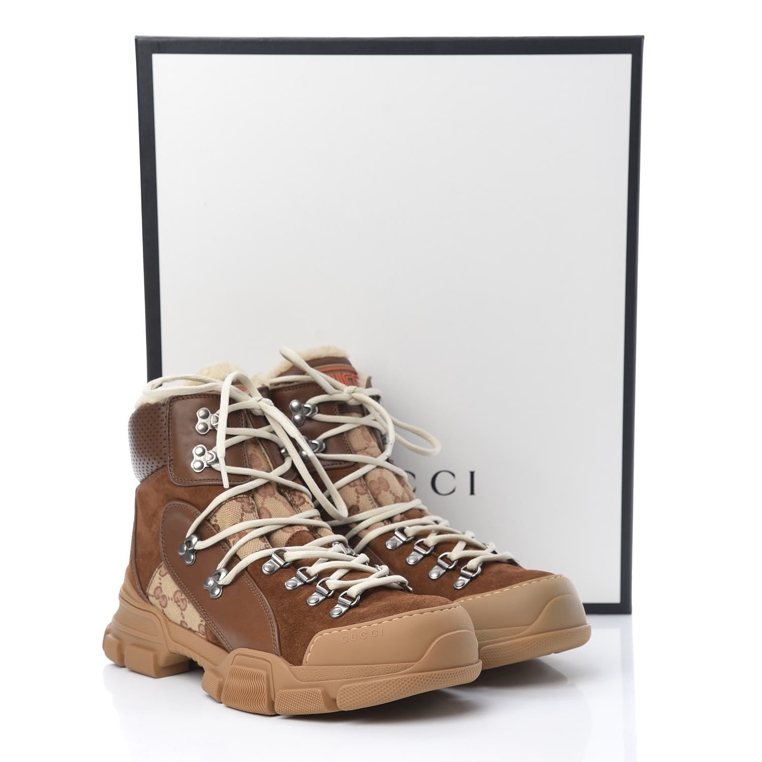 Gucci X SEGA Suede Shearling Calfskin GG Monogram Mens Flashtrek High-Top Sneakers 8 New Cuir Beige Ruggine 7 of 7