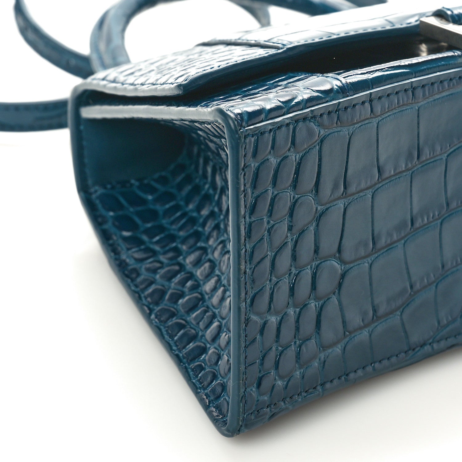 Balenciaga Shiny Calfskin Crocodile Embossed Small Hourglass Top Handle Bag Dark Petrol Blue 9 of 10