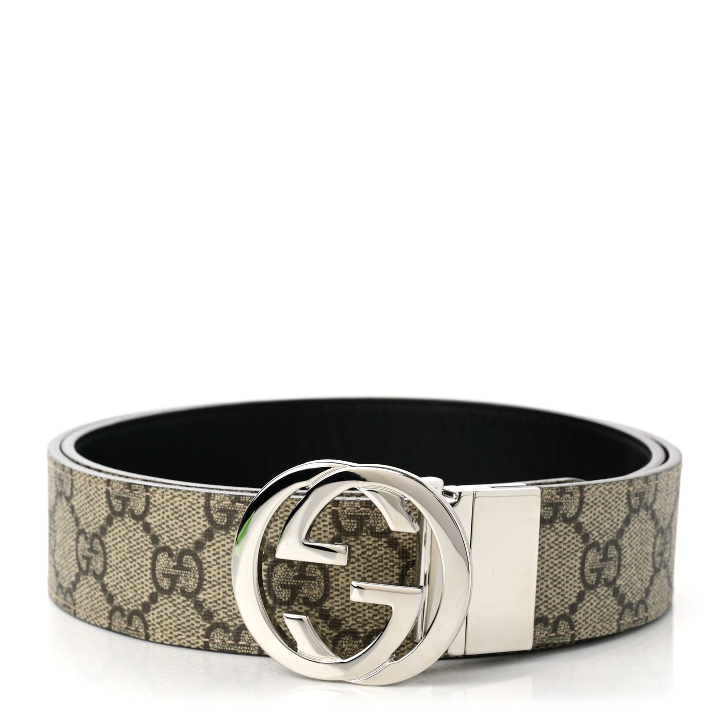 GG Supreme Monogram Selleria Calfskin Interlocking G Reversible 37mm Belt 90 36 Beige Ebony Black
