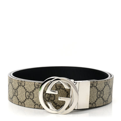 Gucci GG Supreme Monogram Selleria Calfskin Interlocking G Reversible 37mm Belt 90 36 Beige Ebony Black 1 of 3