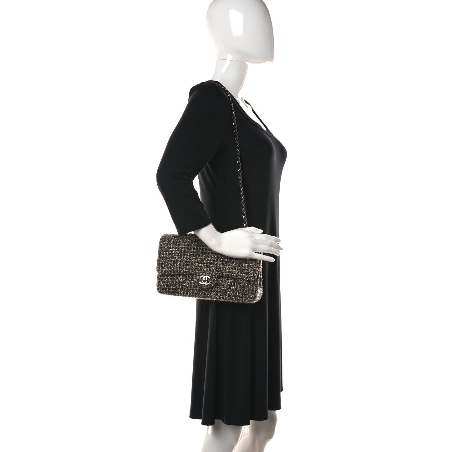 Metallic Tweed Medium Double Flap Black White