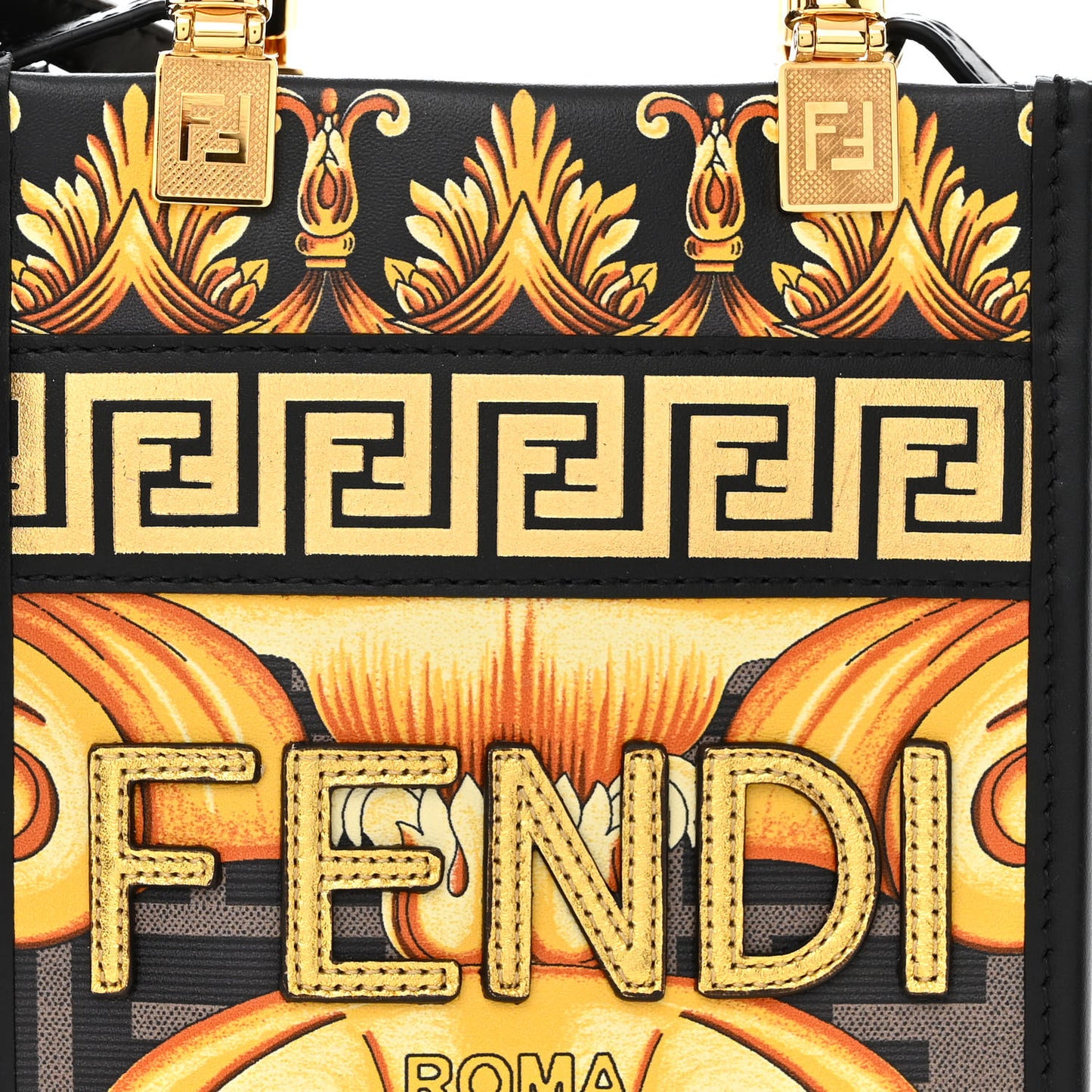 X VERSACE Vitello King Catalan Mirror Plexiglass Fendace FF Baroque Logo Mini Fendi Sunshine Shopper Tote Black Gold