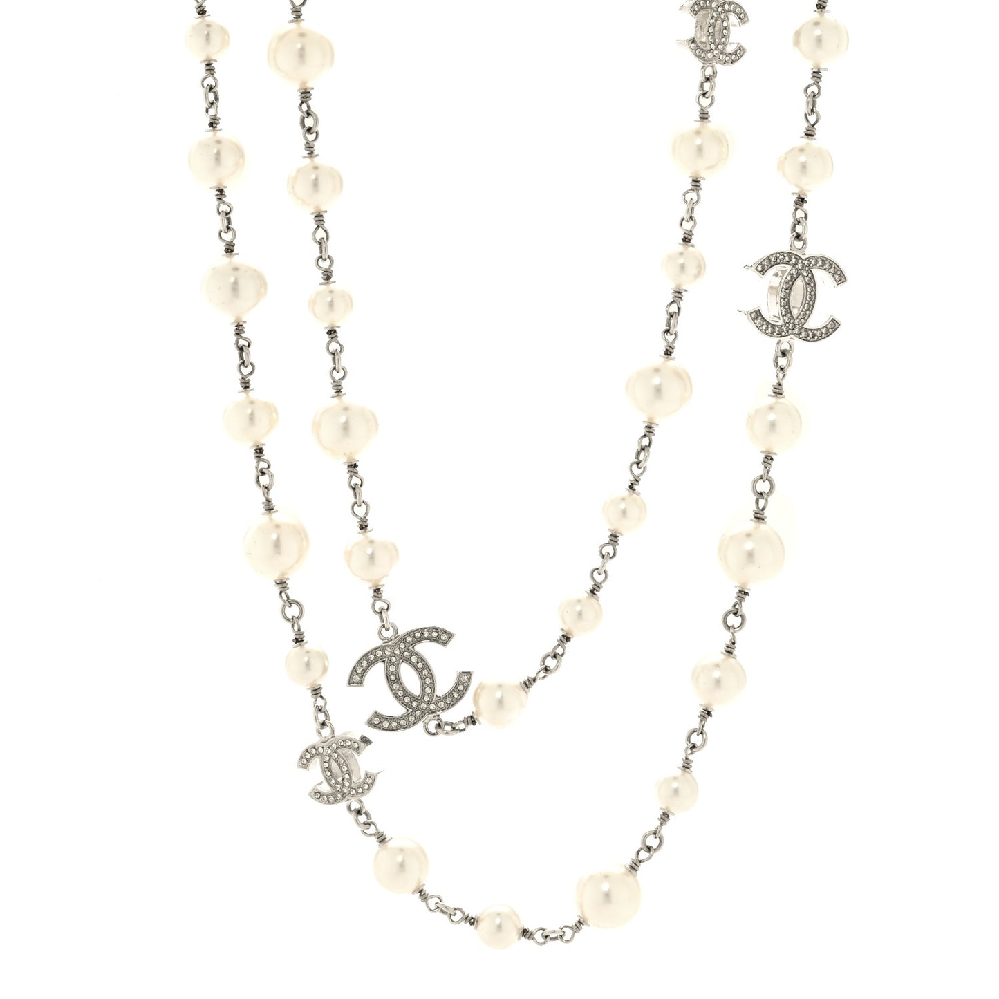 Graduated Pearl Crystal CC Long Necklace Silver