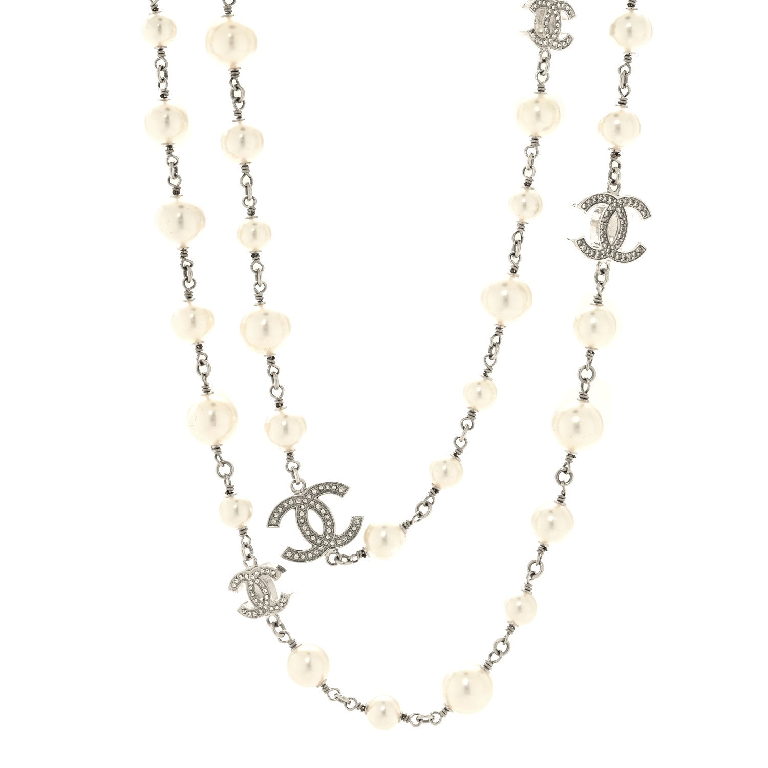 Chanel Graduated Pearl Crystal CC Long Necklace Silver 1 of 6