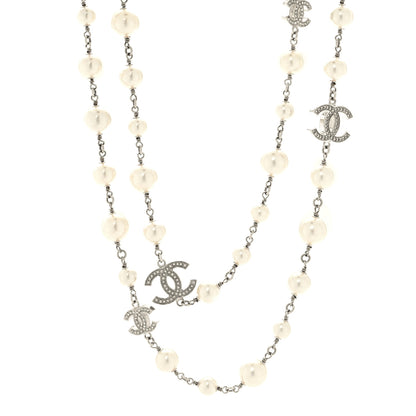Chanel Graduated Pearl Crystal CC Long Necklace Silver 1 of 6