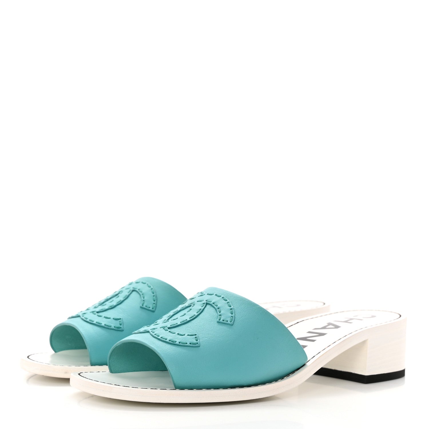 Chanel Calfskin CC Mules 39 Turquoise White 3 of 16