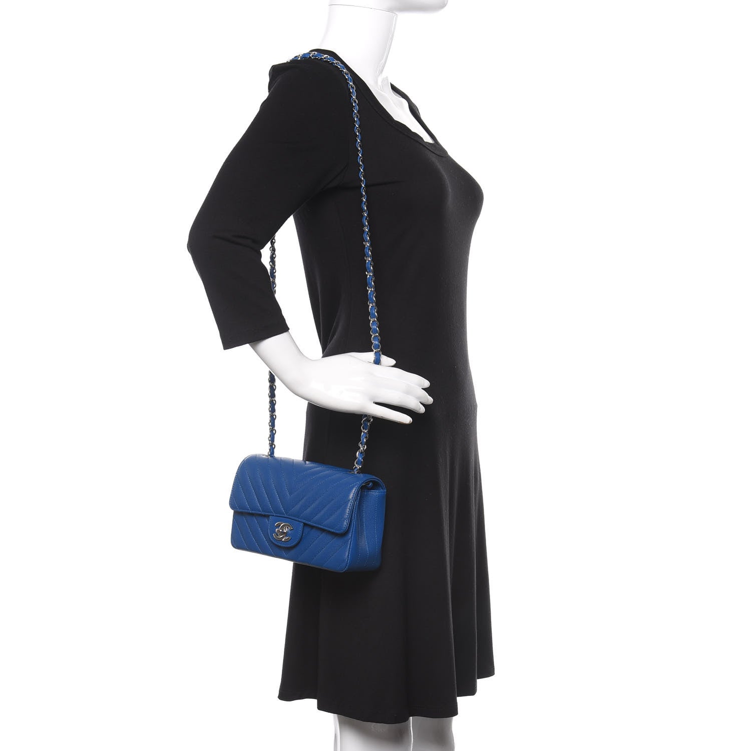 Chanel Caviar Chevron Quilted Mini Rectangular Flap Blue 2 of 11