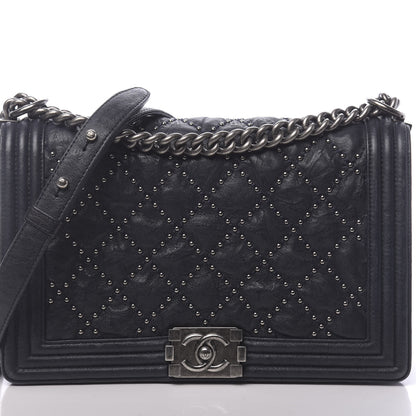 Chanel Crumpled Lambskin New Medium Studded Boy Flap Navy 12 of 17