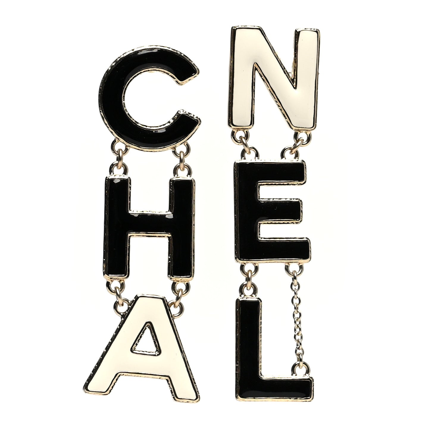 Metal Enamel Cha-Nel Logo Drop Earrings Black White