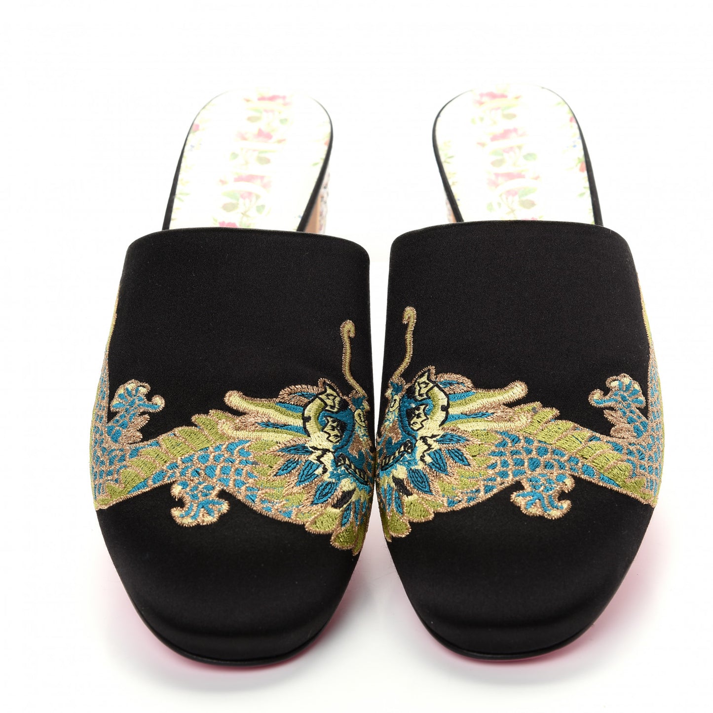 Satin Dragon Embroidered Candy Mules 38.5 Black