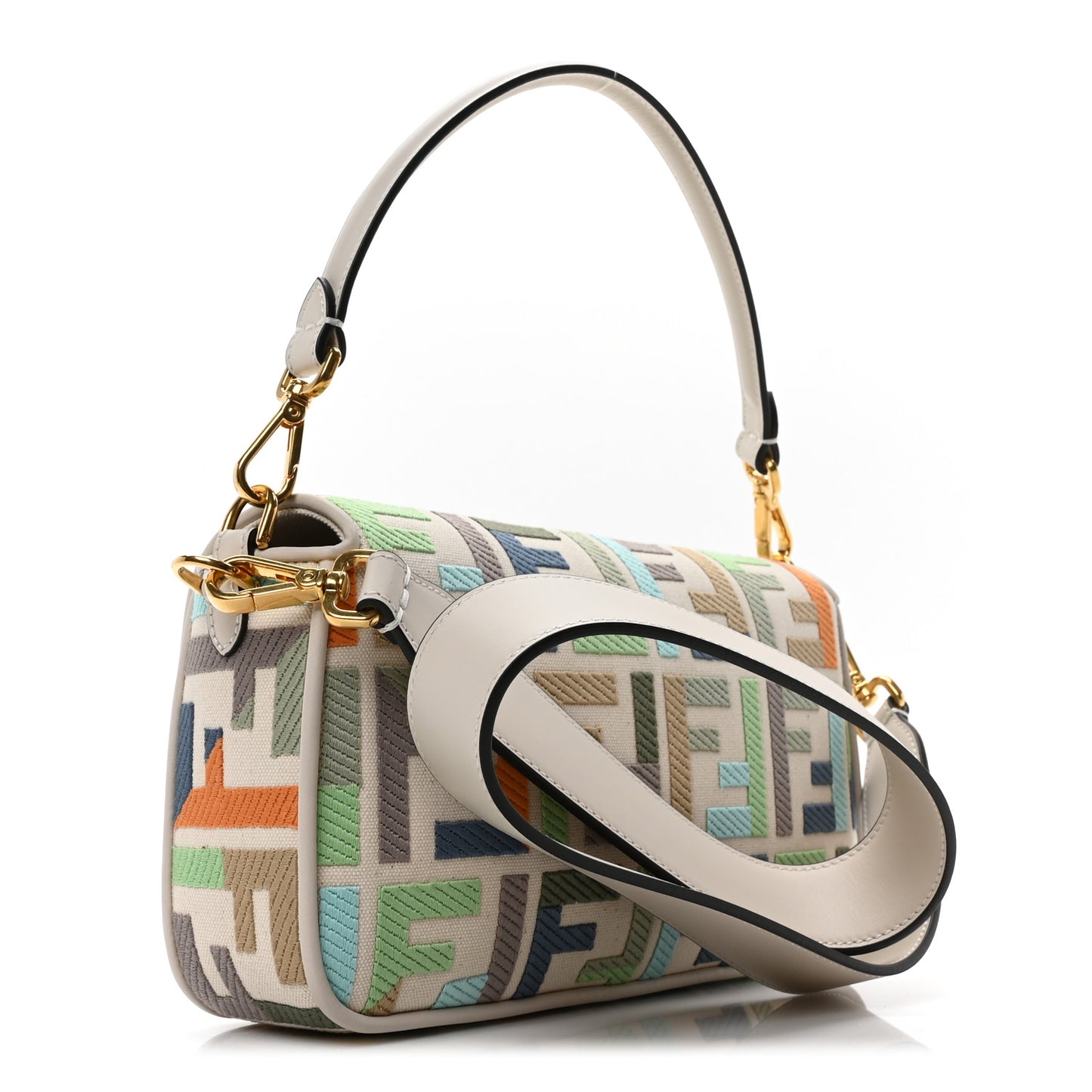 Canvas Vitello Seta FF Multicolor Embroidered Baguette Grezzo Multicolor Latte
