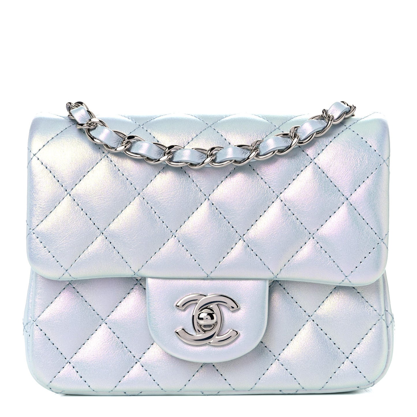 Iridescent Lambskin Quilted Mini Square Flap Light Blue