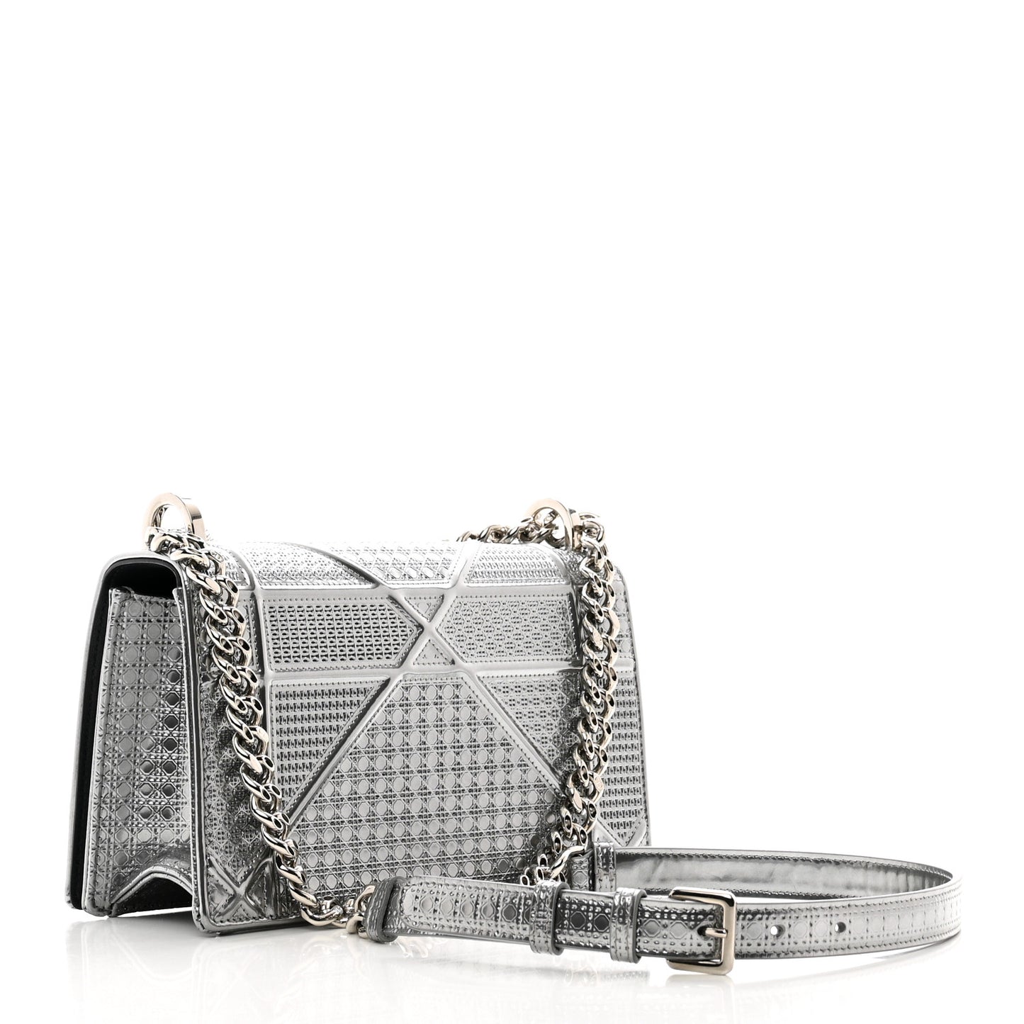 Metallic Patent Micro-Cannage Small Diorama Flap Bag Silver