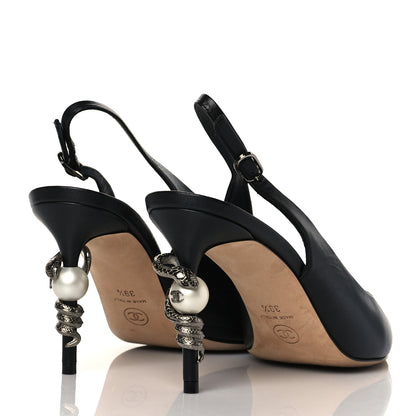 Chanel Lambskin Slingback Snake Pearl Heel 39.5 Black 4 of 10