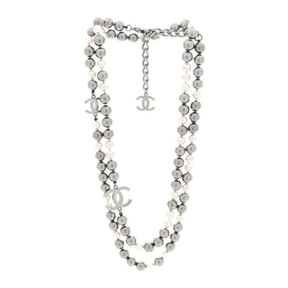 Chanel Metal Pearl CC Long Necklace Silver Pearly White Grey 3 of 4