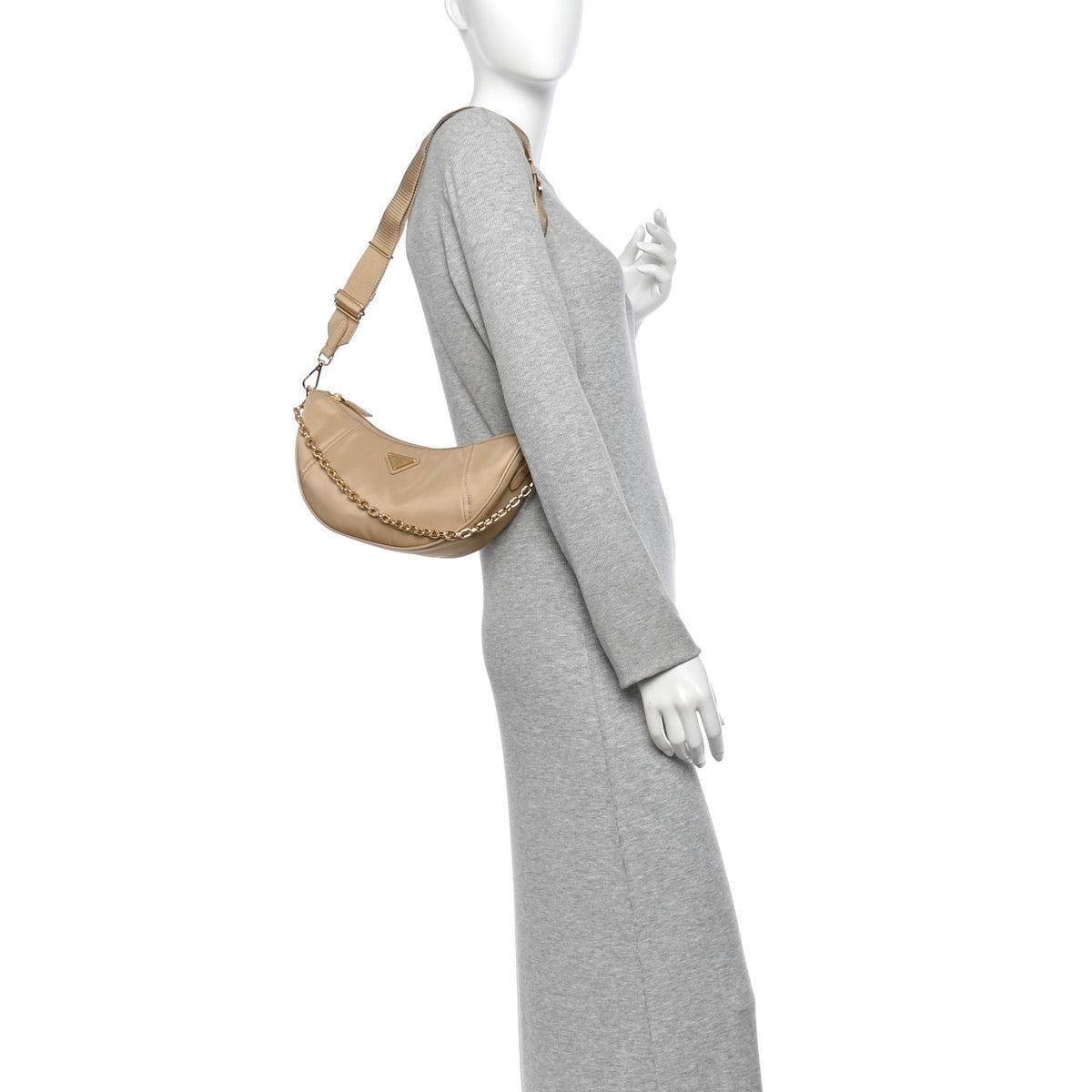 Re-Nylon Saffiano Demi-lune Shoulder Bag Cammello
