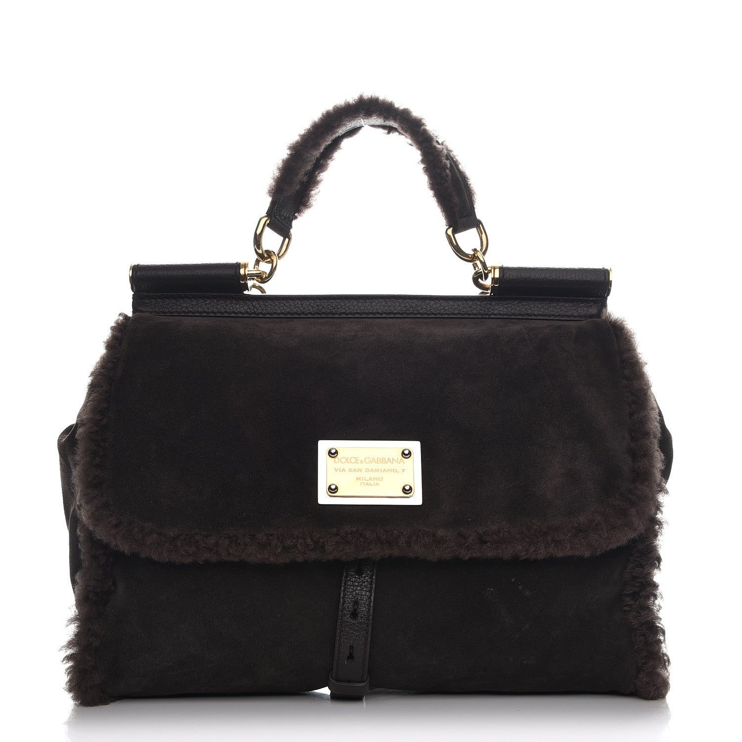 Dolce & Gabbana Suede Shearling Large Miss Sicily Satchel Brown 1 of 8