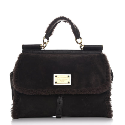 Dolce & Gabbana Suede Shearling Large Miss Sicily Satchel Brown 1 of 8
