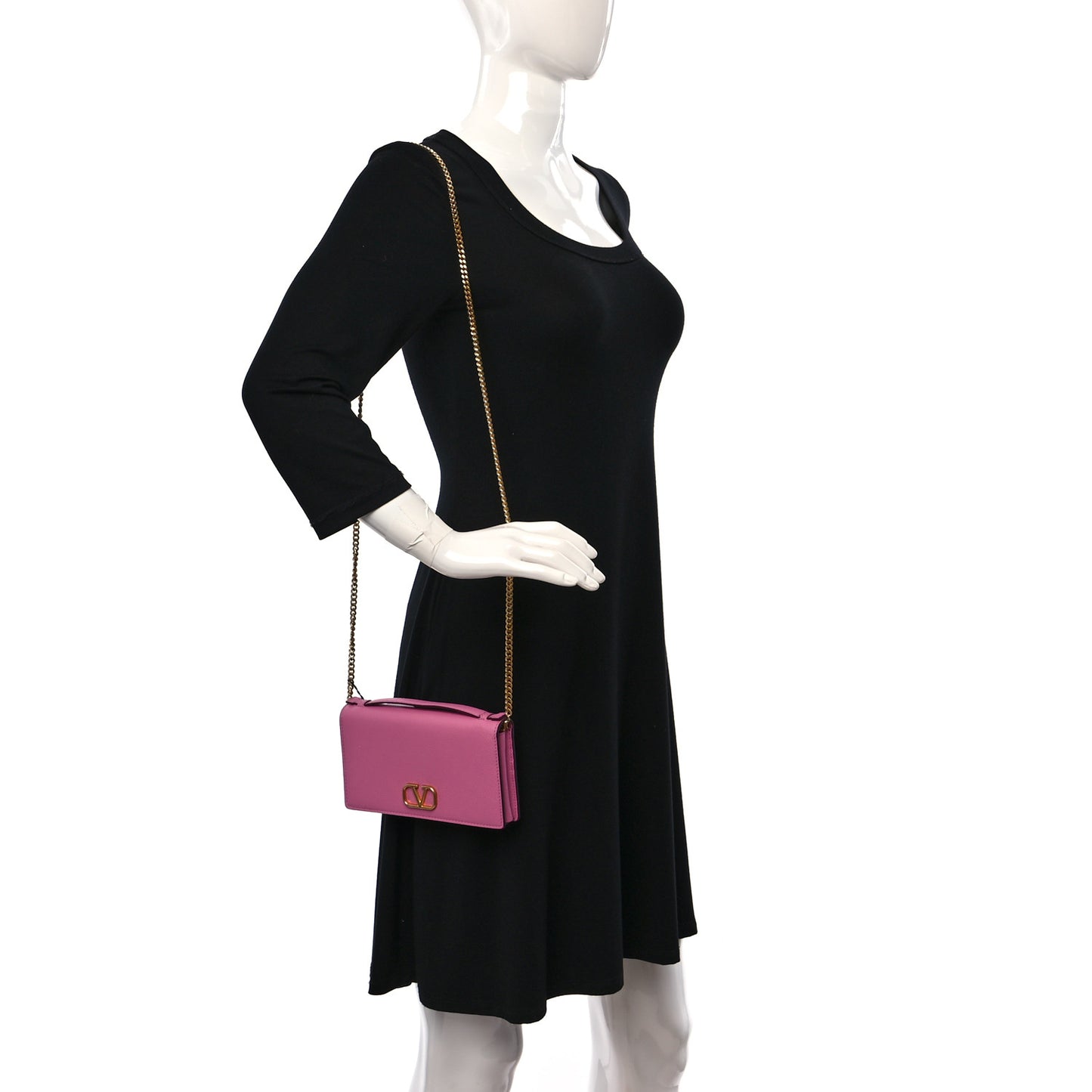 Grainy Calfskin VLogo Top Handle Wallet With Chain Feminine Pink