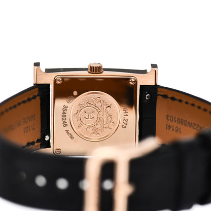 Hermes 18K Rose Gold Alligator Diamond Bezel Mother of Pearl 21mm Heure H Hour Quartz Watch Noir 4 of 5